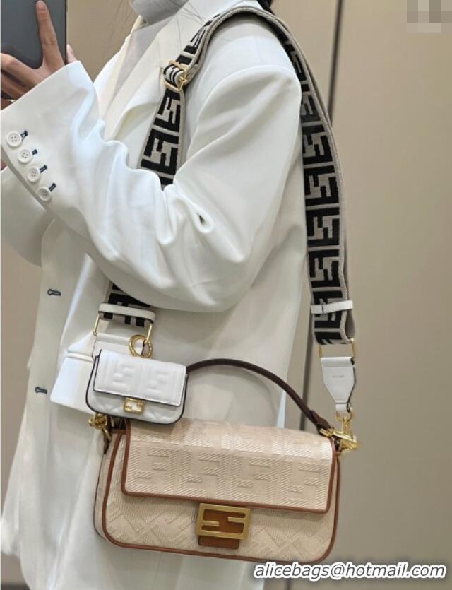 Top Grade Fendi Baguette Medium Bag in Canvas with FF embroidery 0159M Light Beige 2025