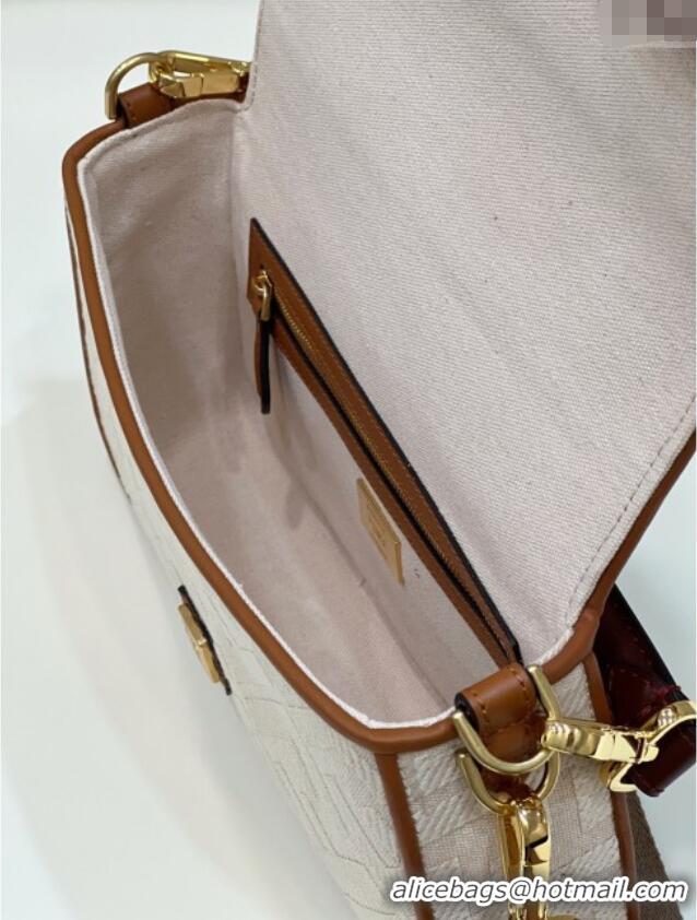 Top Grade Fendi Baguette Medium Bag in Canvas with FF embroidery 0159M Light Beige 2025