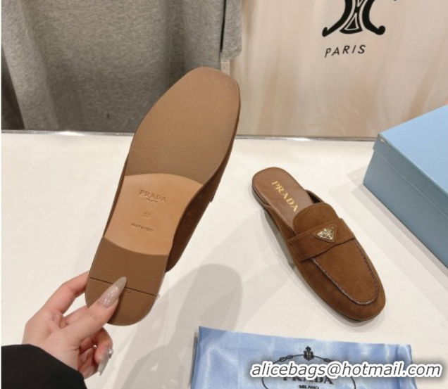 Crafted Prada Suede Mules/Slippers Brown 2025 1D766N