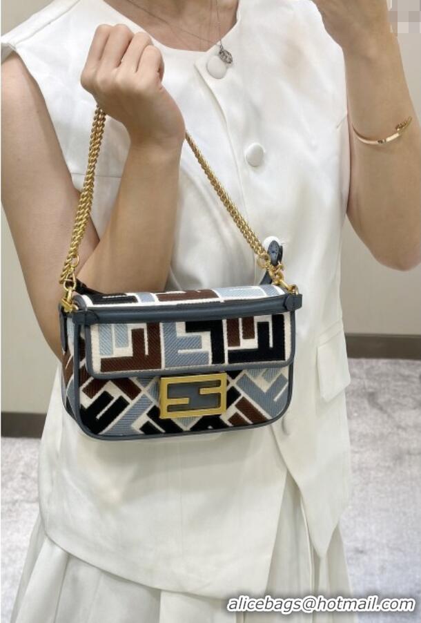 Low Cost Fendi Baguette Mini Bag in Canvas with FF embroidery 0159S Blue/Multicolor 2025