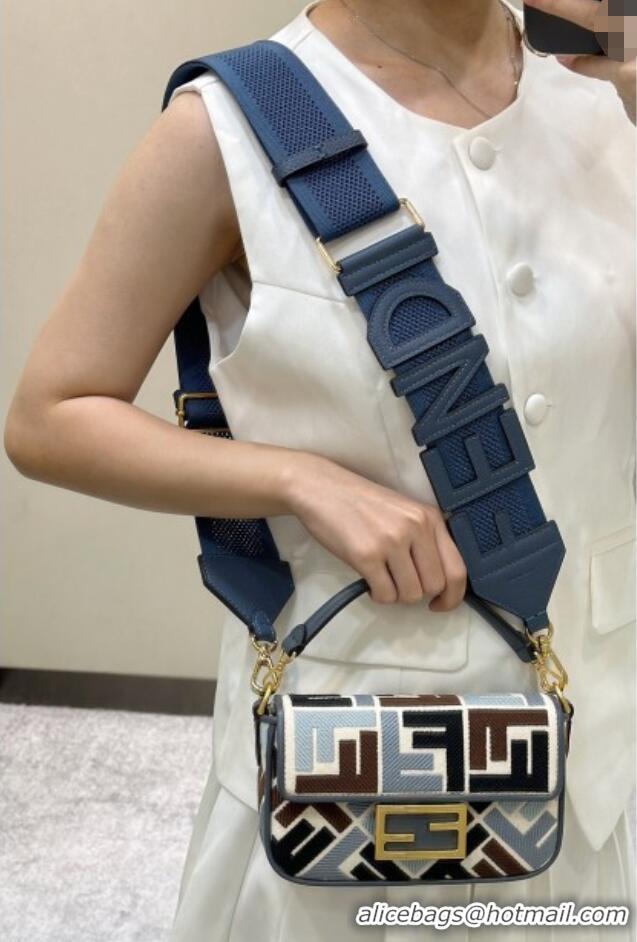 Low Cost Fendi Baguette Mini Bag in Canvas with FF embroidery 0159S Blue/Multicolor 2025