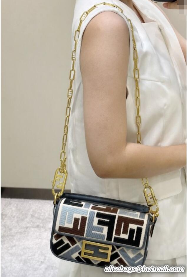 Low Cost Fendi Baguette Mini Bag in Canvas with FF embroidery 0159S Blue/Multicolor 2025