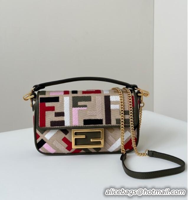 Best Quality Fendi Baguette Mini Bag in Canvas with FF embroidery 0159S Beige/Multicolor 2025