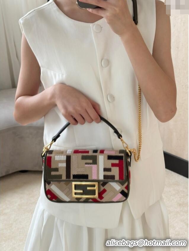 Best Quality Fendi Baguette Mini Bag in Canvas with FF embroidery 0159S Beige/Multicolor 2025