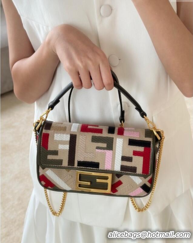 Best Quality Fendi Baguette Mini Bag in Canvas with FF embroidery 0159S Beige/Multicolor 2025