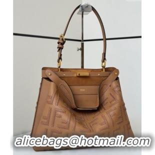 Top Grade Fendi Peekaboo Soft Medium Bag in Cappuccino-colored leather bag with FF interlacing 8678 Brown 2025