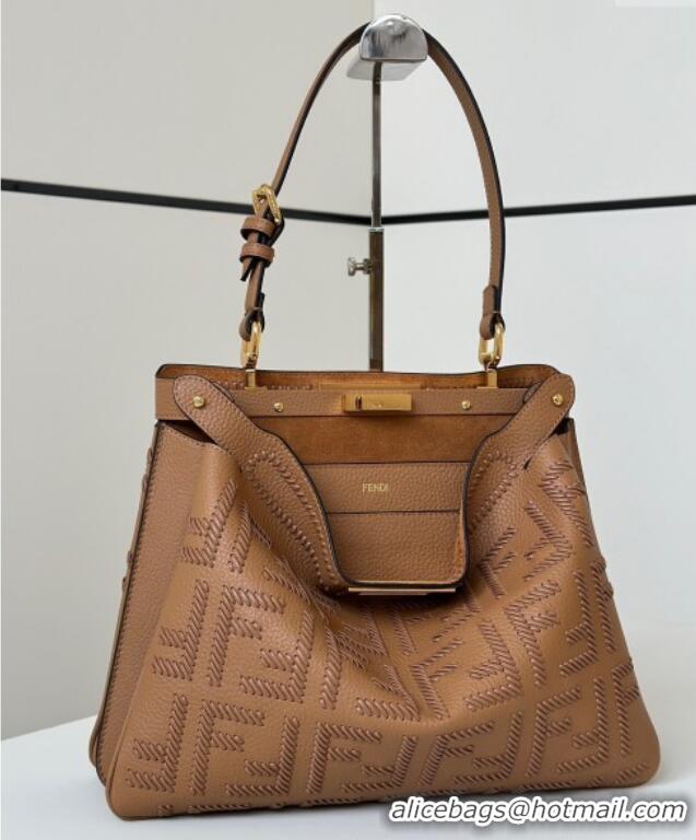 Top Grade Fendi Peekaboo Soft Medium Bag in Cappuccino-colored leather bag with FF interlacing 8678 Brown 2025