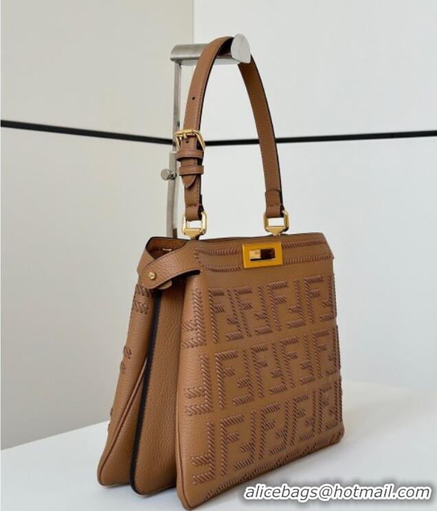 Top Grade Fendi Peekaboo Soft Medium Bag in Cappuccino-colored leather bag with FF interlacing 8678 Brown 2025