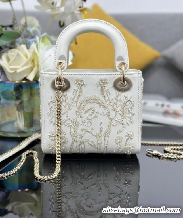 New Cheap Dior Mini Lady Dior Bag in Latte White Lambskin with Millefiori Unicorn Embroidery M0505 2025