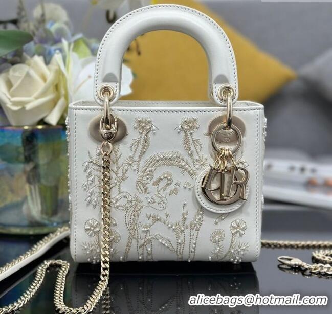 New Cheap Dior Mini Lady Dior Bag in Latte White Lambskin with Millefiori Unicorn Embroidery M0505 2025