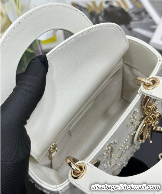 New Cheap Dior Mini Lady Dior Bag in Latte White Lambskin with Millefiori Unicorn Embroidery M0505 2025
