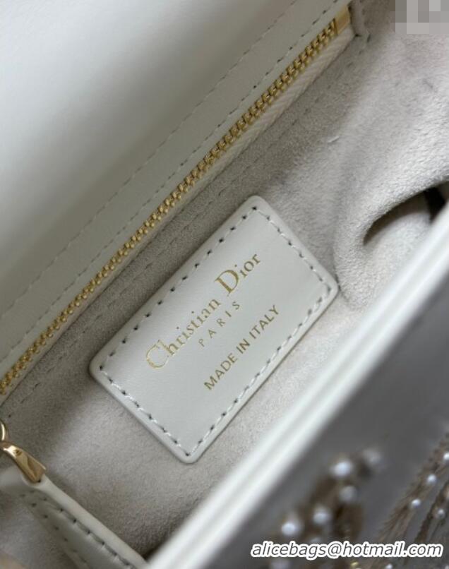 New Cheap Dior Mini Lady Dior Bag in Latte White Lambskin with Millefiori Unicorn Embroidery M0505 2025