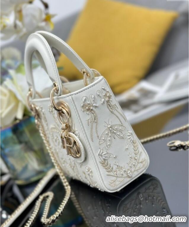 New Cheap Dior Mini Lady Dior Bag in Latte White Lambskin with Millefiori Unicorn Embroidery M0505 2025