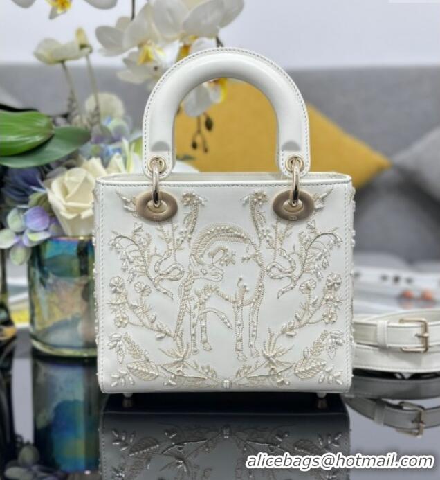 Top Quality Dior Small Lady Dior Bag in Latte White Lambskin with Millefiori Unicorn Embroidery M0538 2025