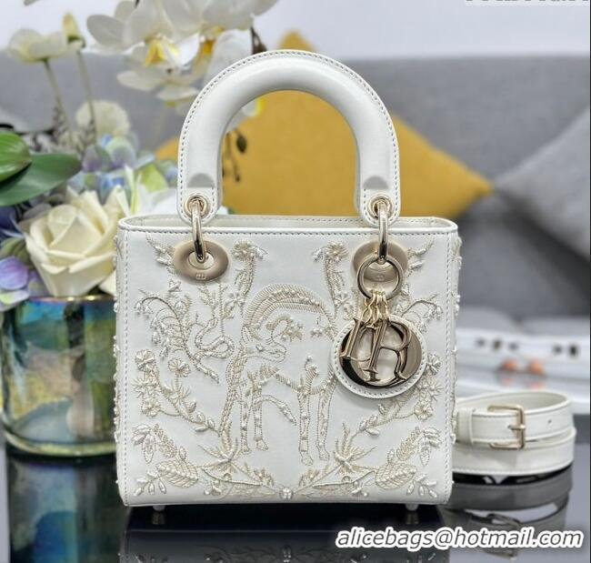 Top Quality Dior Small Lady Dior Bag in Latte White Lambskin with Millefiori Unicorn Embroidery M0538 2025