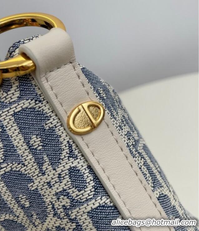 Spot Bulk Dior Diorstar Hobo Bag with Chain in Dior Oblique Chambray with Raffia Effect and Smooth Calfskin 1143 Blue 20