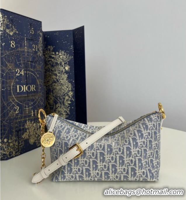 Spot Bulk Dior Diorstar Hobo Bag with Chain in Dior Oblique Chambray with Raffia Effect and Smooth Calfskin 1143 Blue 20