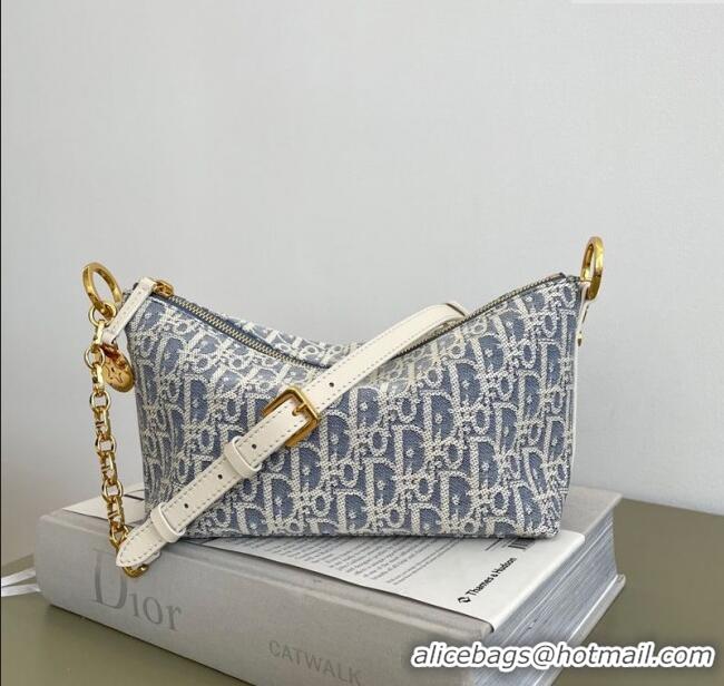 Spot Bulk Dior Diorstar Hobo Bag with Chain in Dior Oblique Chambray with Raffia Effect and Smooth Calfskin 1143 Blue 20