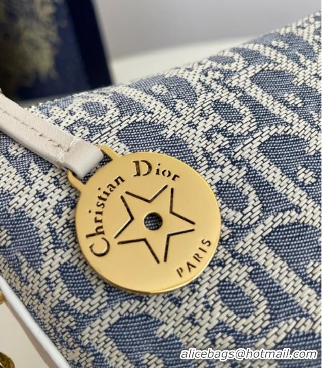 Spot Bulk Dior Diorstar Hobo Bag with Chain in Dior Oblique Chambray with Raffia Effect and Smooth Calfskin 1143 Blue 20