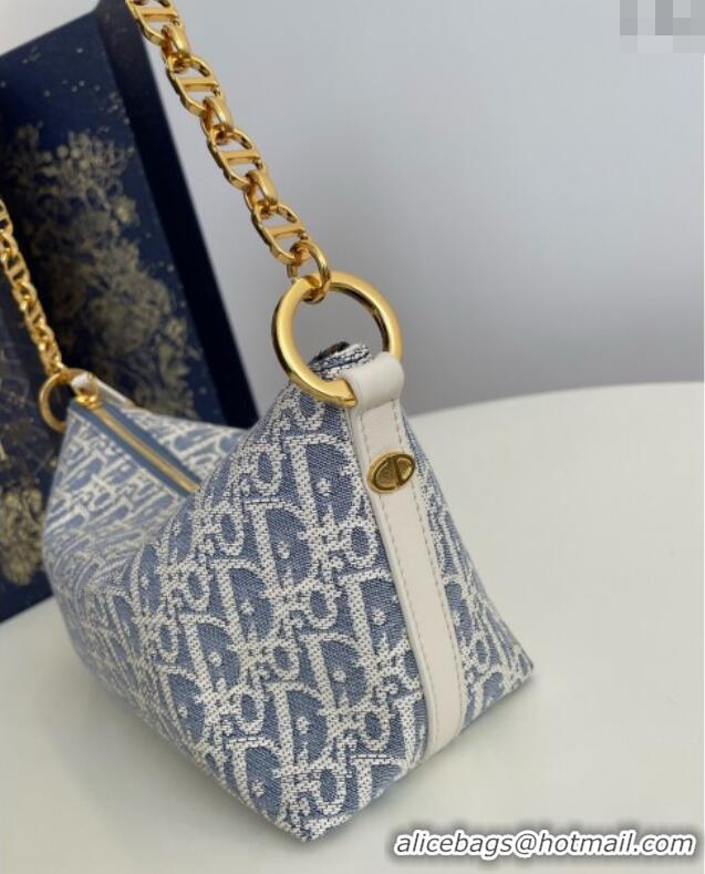 Spot Bulk Dior Diorstar Hobo Bag with Chain in Dior Oblique Chambray with Raffia Effect and Smooth Calfskin 1143 Blue 20