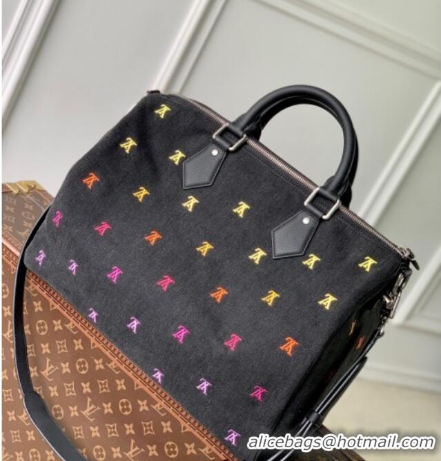 Reasonable Price Louis Vuitton Speedy Bandouliere 40 bag in Black LV Blason Denim M14136 2025