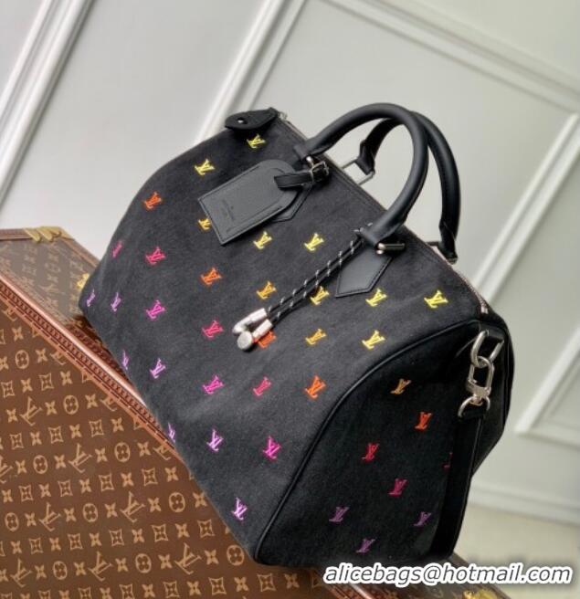 Reasonable Price Louis Vuitton Speedy Bandouliere 40 bag in Black LV Blason Denim M14136 2025