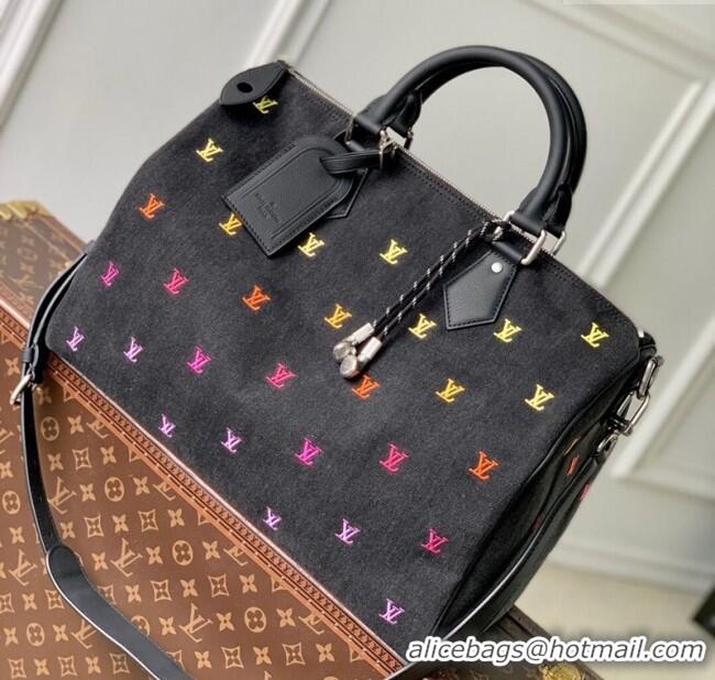Reasonable Price Louis Vuitton Speedy Bandouliere 40 bag in Black LV Blason Denim M14136 2025