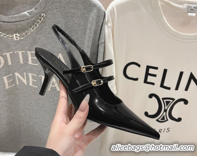 Purchase Celine Judy Double Strap Mary Janes Slingback Pumps 6.5cm in Patent Calfskin Leather Black 0428106
