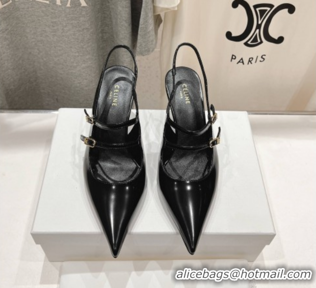 Purchase Celine Judy Double Strap Mary Janes Slingback Pumps 6.5cm in Patent Calfskin Leather Black 0428106