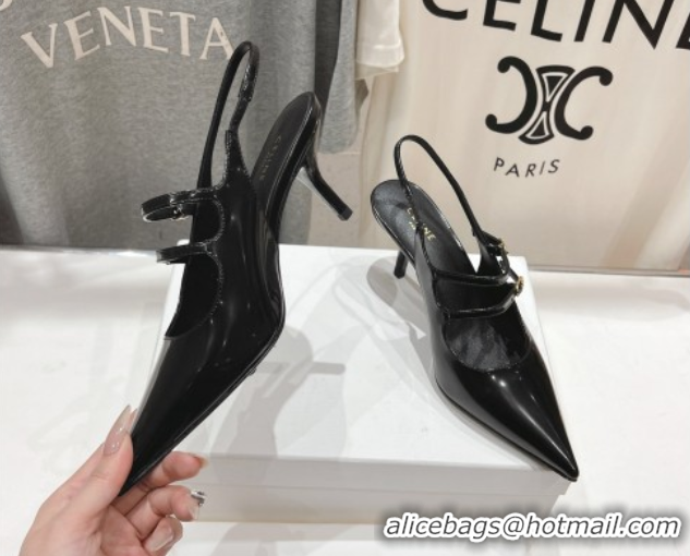Purchase Celine Judy Double Strap Mary Janes Slingback Pumps 6.5cm in Patent Calfskin Leather Black 0428106