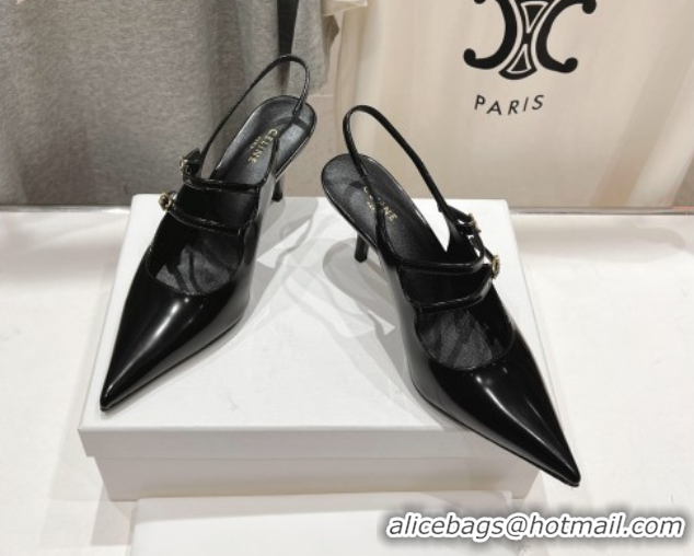 Purchase Celine Judy Double Strap Mary Janes Slingback Pumps 6.5cm in Patent Calfskin Leather Black 0428106