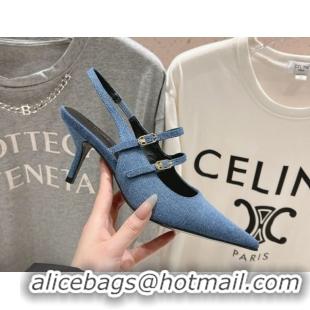 Classic Hot Celine Judy Double Strap Mary Janes Slingback Pumps 6.5cm in Blue Denim 0428107