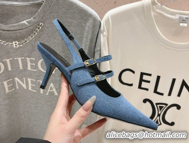 Classic Hot Celine Judy Double Strap Mary Janes Slingback Pumps 6.5cm in Blue Denim 0428107