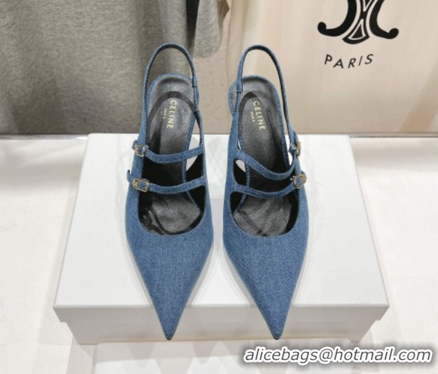 Classic Hot Celine Judy Double Strap Mary Janes Slingback Pumps 6.5cm in Blue Denim 0428107