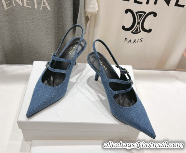 Classic Hot Celine Judy Double Strap Mary Janes Slingback Pumps 6.5cm in Blue Denim 0428107