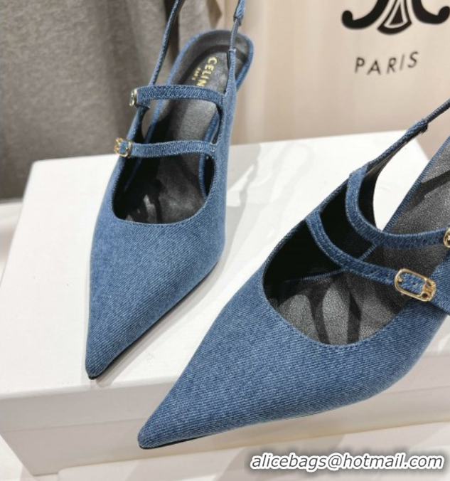 Classic Hot Celine Judy Double Strap Mary Janes Slingback Pumps 6.5cm in Blue Denim 0428107