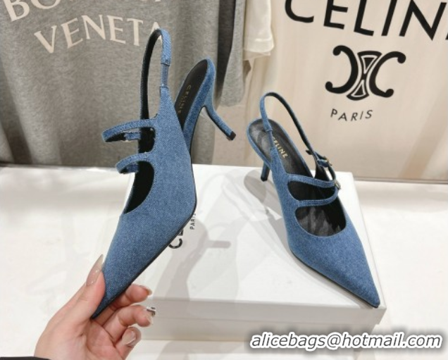 Classic Hot Celine Judy Double Strap Mary Janes Slingback Pumps 6.5cm in Blue Denim 0428107