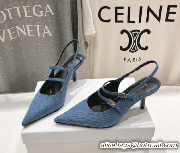 Classic Hot Celine Judy Double Strap Mary Janes Slingback Pumps 6.5cm in Blue Denim 0428107