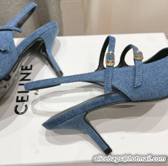 Classic Hot Celine Judy Double Strap Mary Janes Slingback Pumps 6.5cm in Blue Denim 0428107
