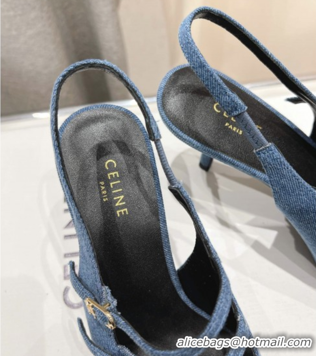 Classic Hot Celine Judy Double Strap Mary Janes Slingback Pumps 6.5cm in Blue Denim 0428107