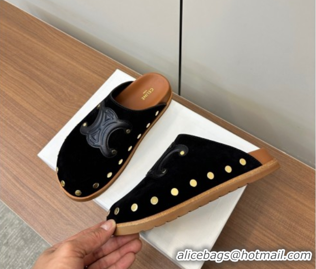 Good Quality Celine Pitea Clog Mules in Suede and Studs Black 0428108