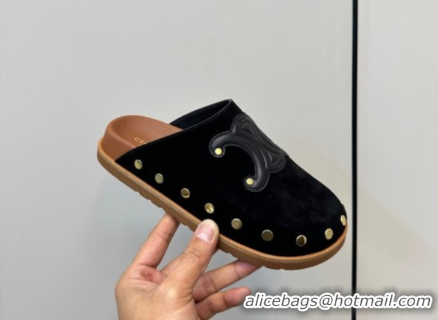 Good Quality Celine Pitea Clog Mules in Suede and Studs Black 0428108