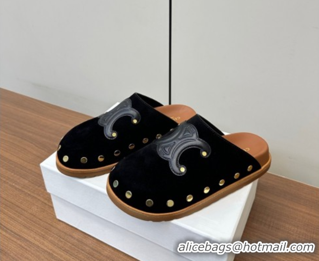 Good Quality Celine Pitea Clog Mules in Suede and Studs Black 0428108