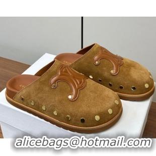 Grade Quality Celine Pitea Clog Mules in Suede and Studs Brown 0428109