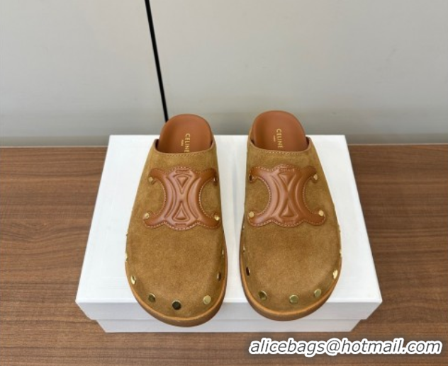 Grade Quality Celine Pitea Clog Mules in Suede and Studs Brown 0428109