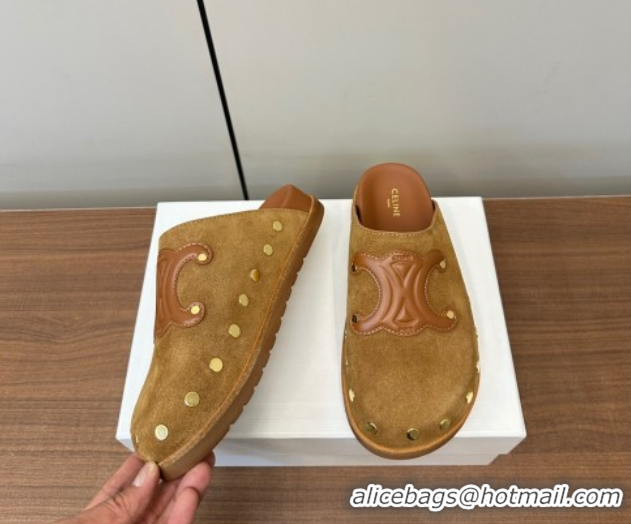 Grade Quality Celine Pitea Clog Mules in Suede and Studs Brown 0428109
