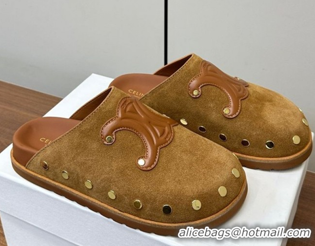 Grade Quality Celine Pitea Clog Mules in Suede and Studs Brown 0428109