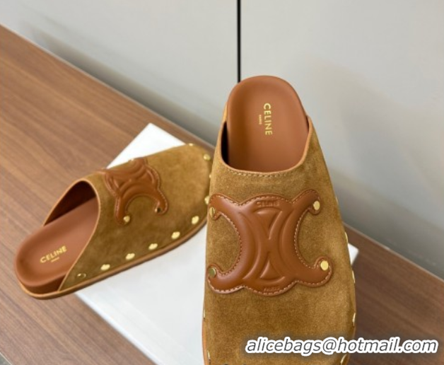 Grade Quality Celine Pitea Clog Mules in Suede and Studs Brown 0428109