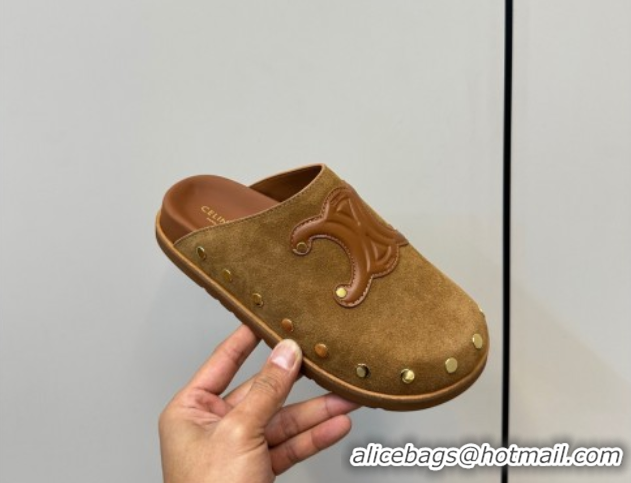 Grade Quality Celine Pitea Clog Mules in Suede and Studs Brown 0428109