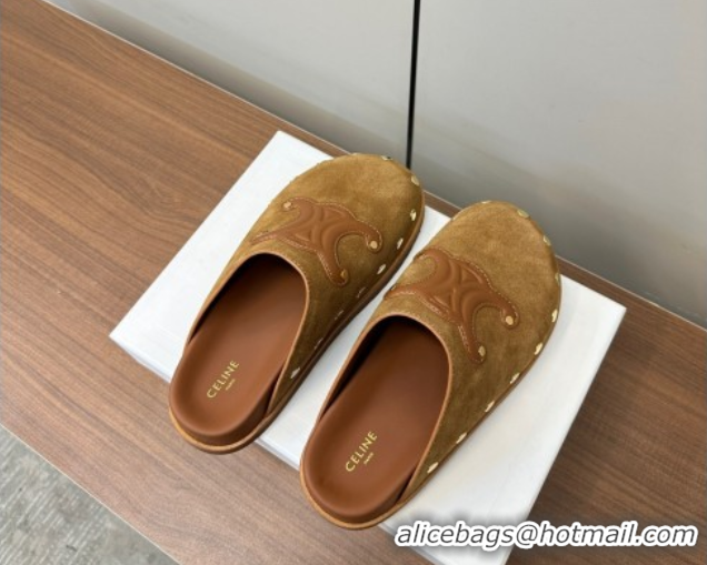 Grade Quality Celine Pitea Clog Mules in Suede and Studs Brown 0428109